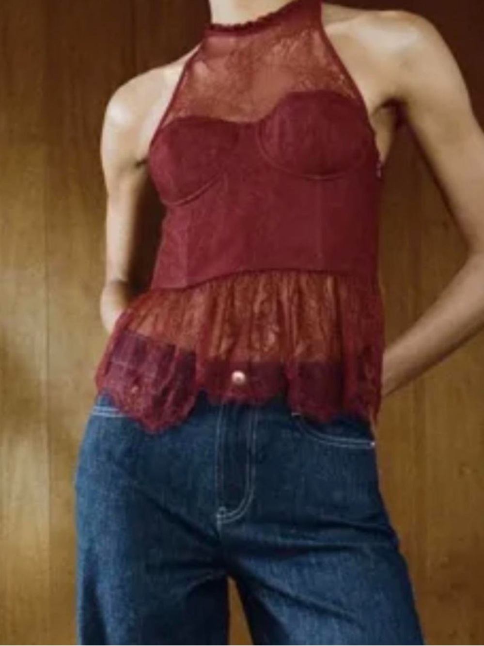 Zara Burgundy Lace Halter Peplum Camisole